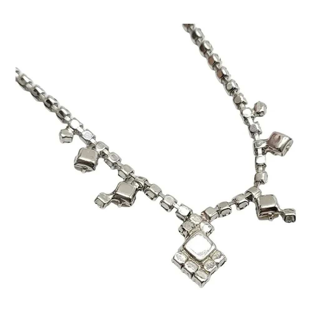 Blue Rhinestone Pink Faux Opal Art Deco Style Choker Necklace Silver Tone